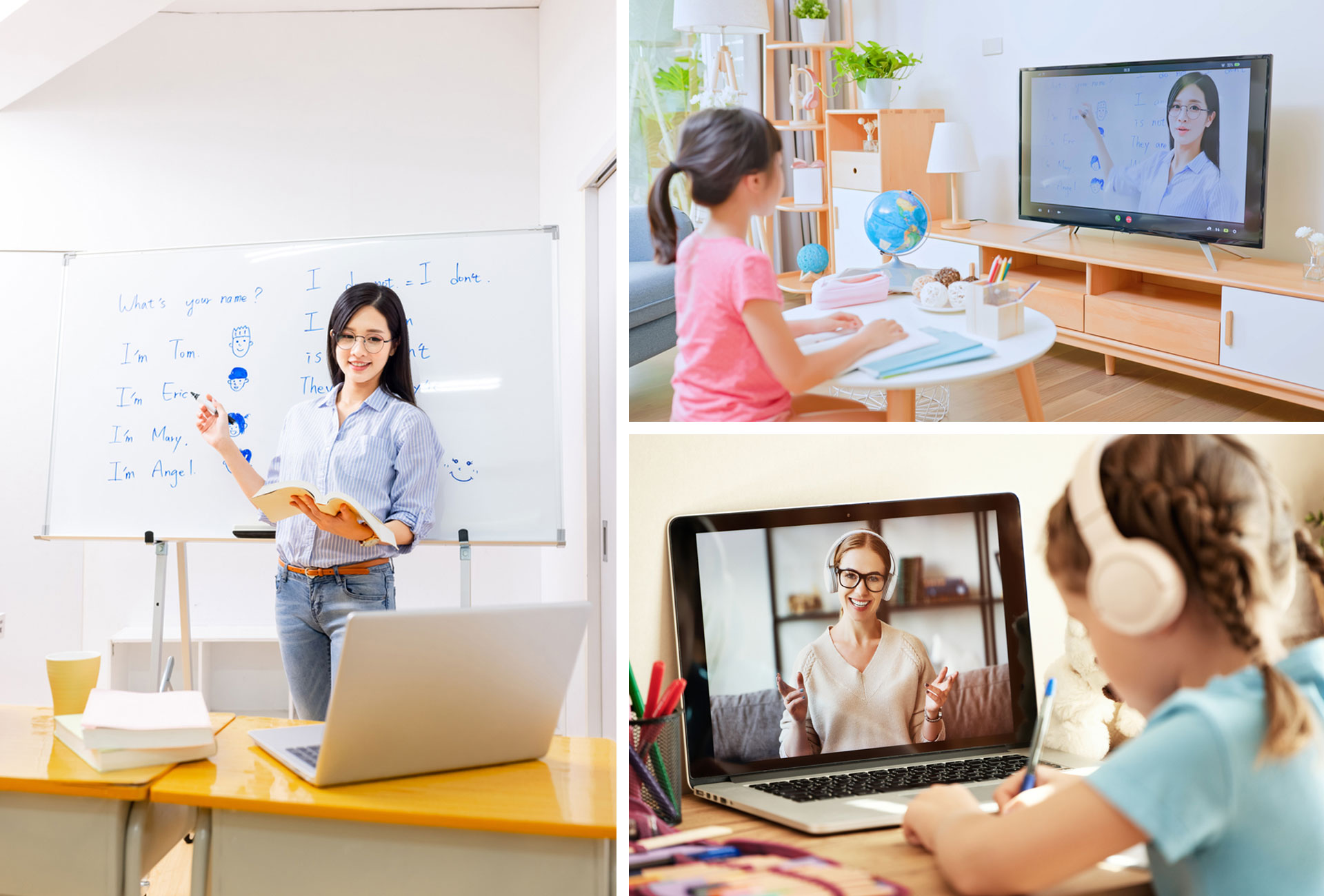 Illustration of an online English lesson: a video call window with a teacher and a student, and a notebook beside it